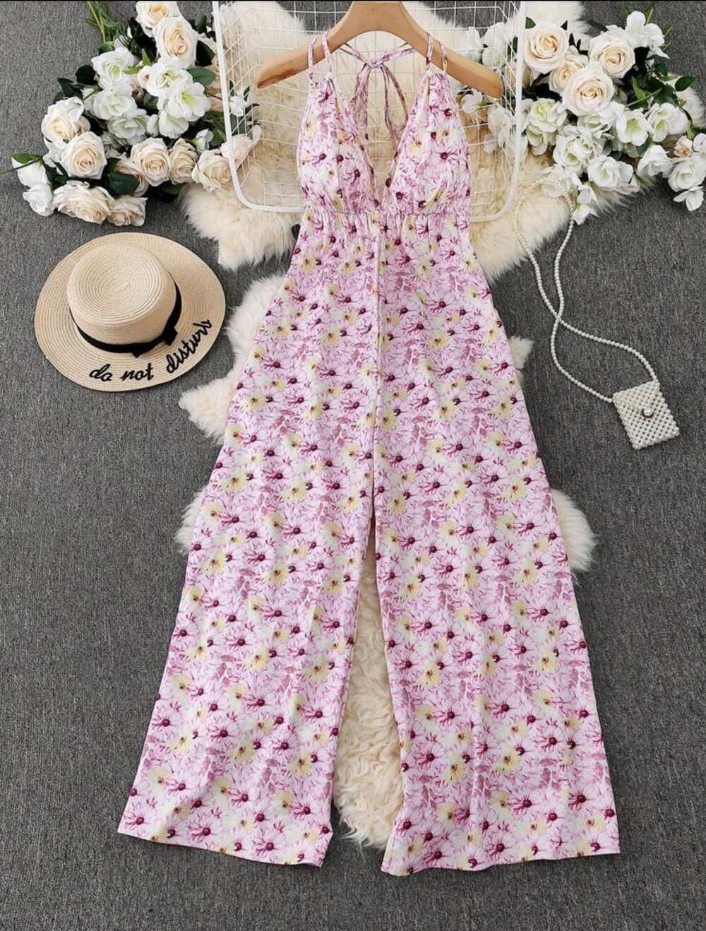 Women's Halter Neck Pink Floral Pattern Wide Leg Jumpsuit